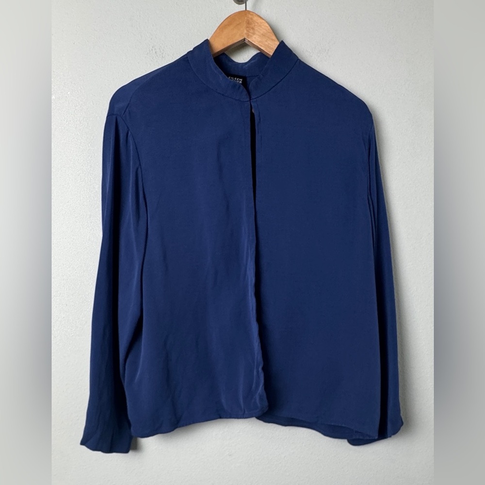 Eileen‎ Fisher 100% Silk Navy Blue Open Front Cardigan Jacket  Hook & Eye Collar